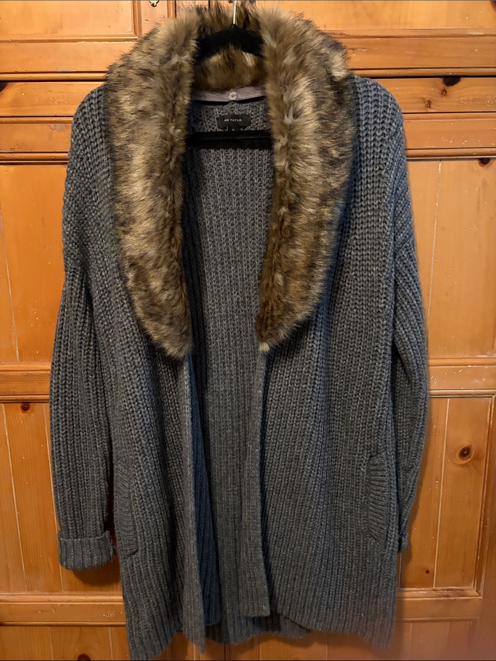 Ann Taylor Gray Knit Teddy Jacket with Faux Fur Collar